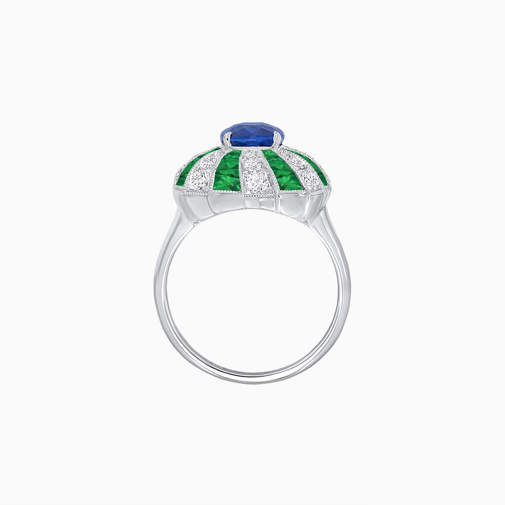 Art Deco Inspired Oval Sunburst Cocktail Ring with Calibré-Cut Gemstones