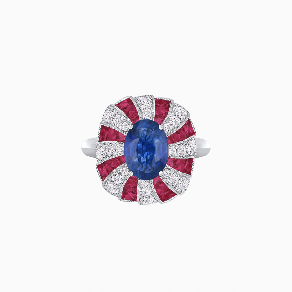 Art Deco Inspired Oval Sunburst Cocktail Ring with Calibré-Cut Gemstones