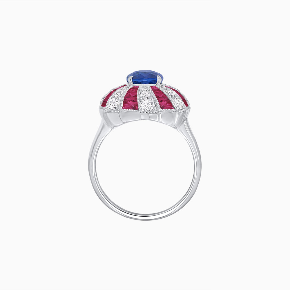 Art Deco Inspired Oval Sunburst Cocktail Ring with Calibré-Cut Gemstones