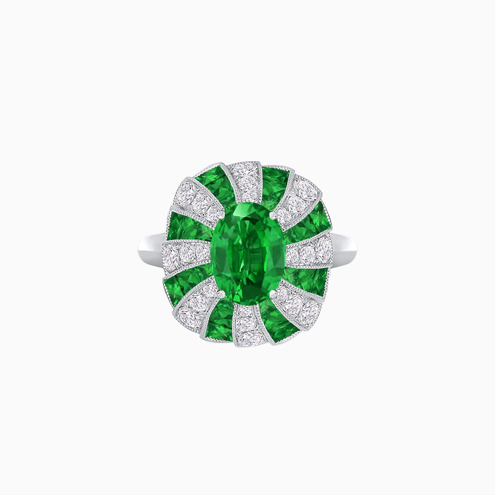 Art Deco Inspired Oval Sunburst Cocktail Ring with Calibré-Cut Gemstones