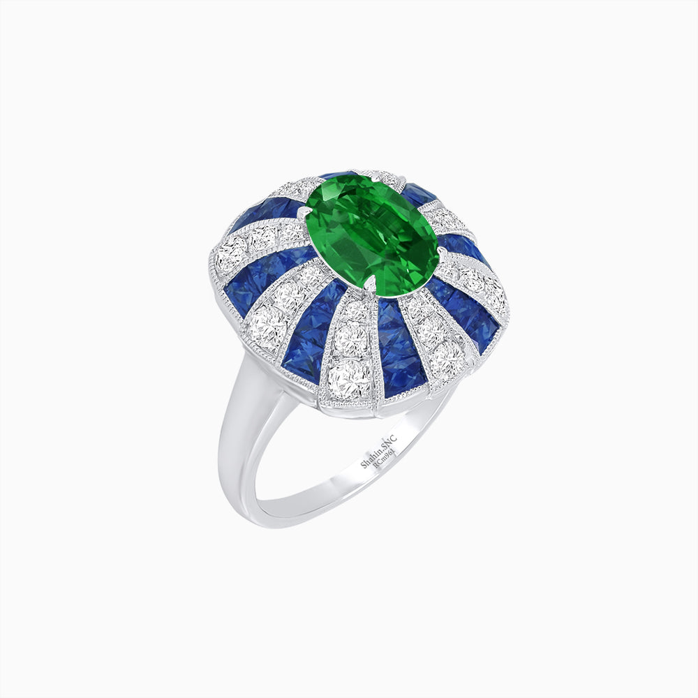 Art Deco Inspired Oval Sunburst Cocktail Ring with Calibré-Cut Gemstones