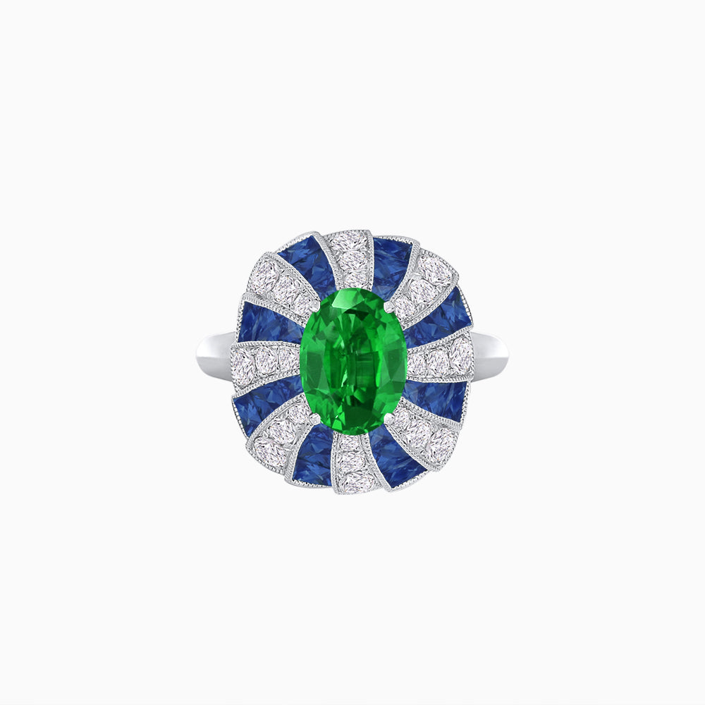 Art Deco Inspired Oval Sunburst Cocktail Ring with Calibré-Cut Gemstones