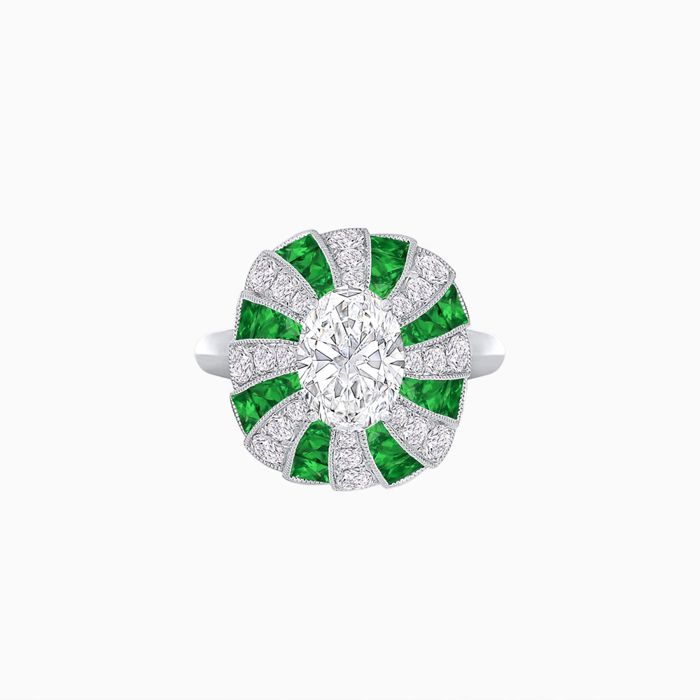 Art Deco Inspired Oval Sunburst Cocktail Ring with Calibré-Cut Gemstones