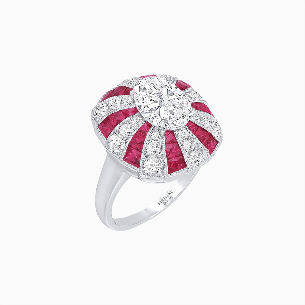 Art Deco Inspired Oval Sunburst Cocktail Ring with Calibré-Cut Gemstones
