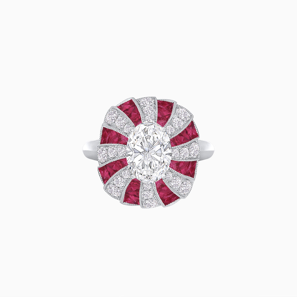 Art Deco Inspired Oval Sunburst Cocktail Ring with Calibré-Cut Gemstones