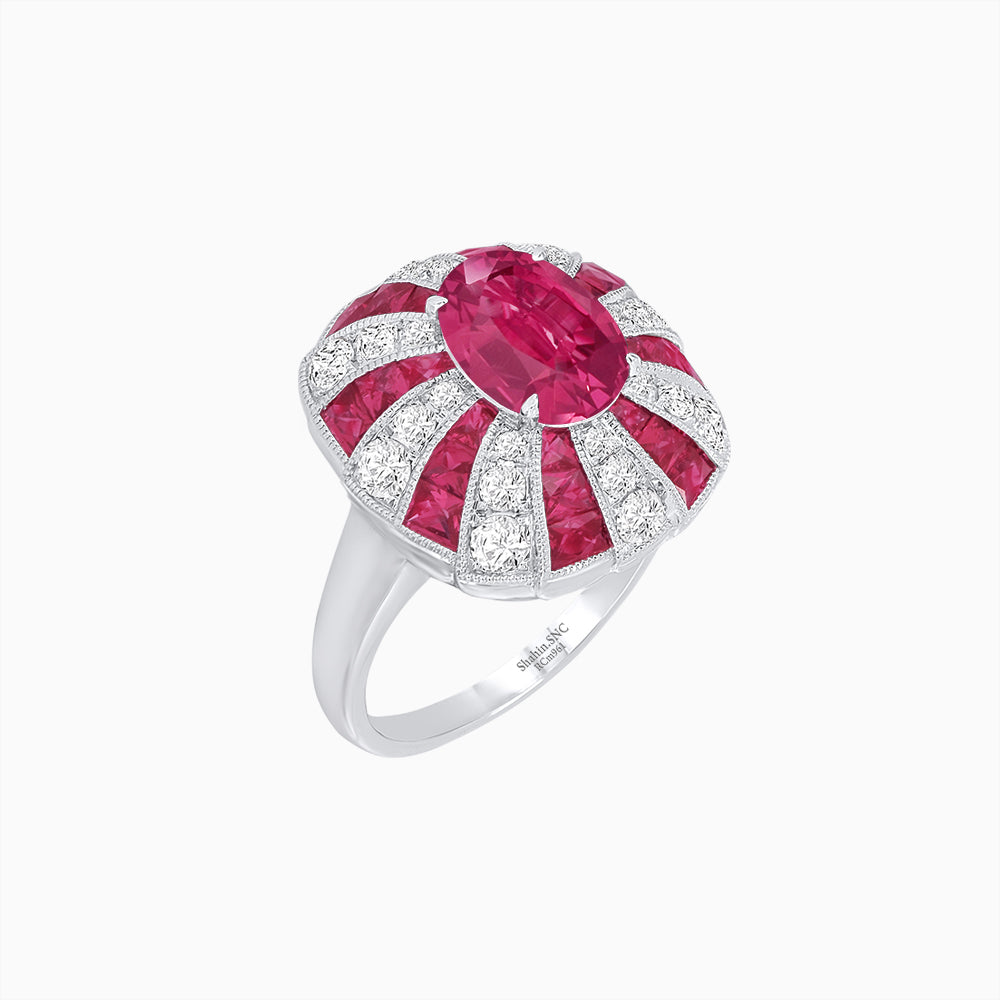 Art Deco Inspired Oval Sunburst Cocktail Ring with Calibré-Cut Gemstones