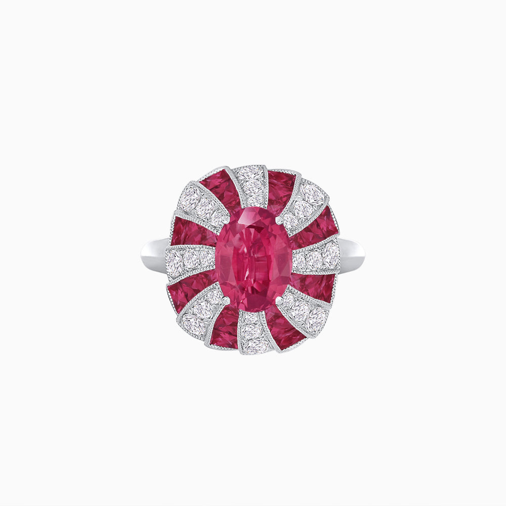 Art Deco Inspired Oval Sunburst Cocktail Ring with Calibré-Cut Gemstones