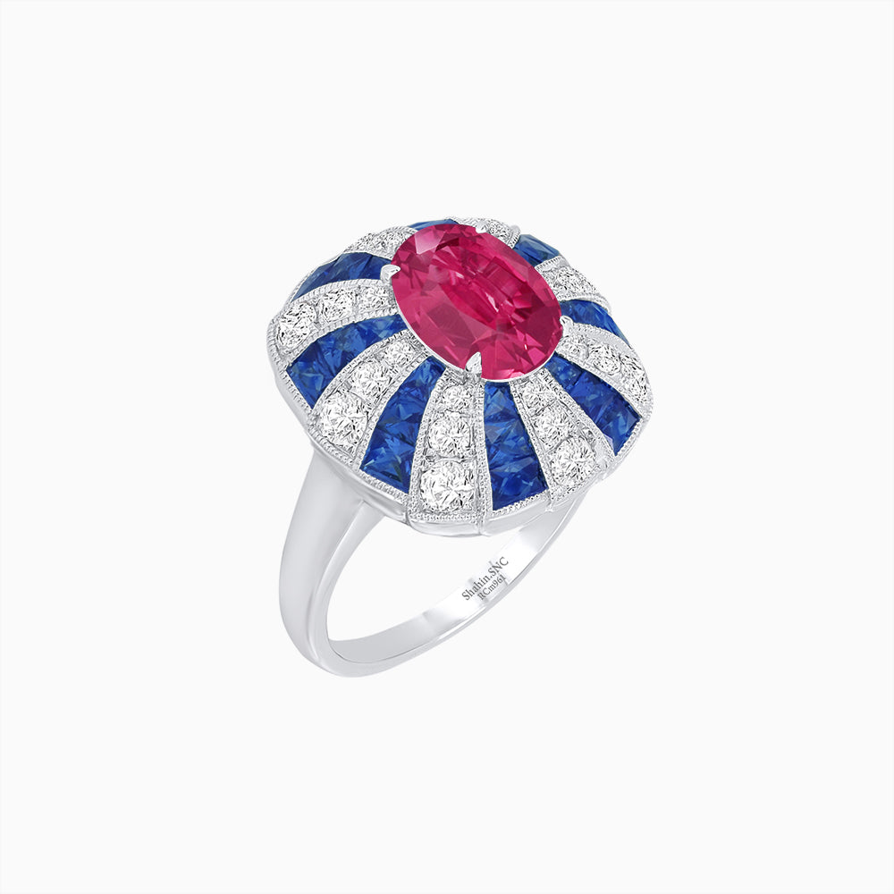 Art Deco Inspired Oval Sunburst Cocktail Ring with Calibré-Cut Gemstones