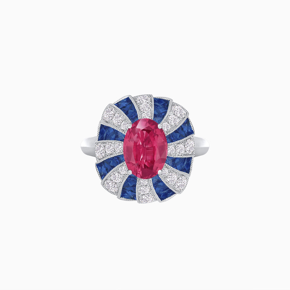 Art Deco Inspired Oval Sunburst Cocktail Ring with Calibré-Cut Gemstones