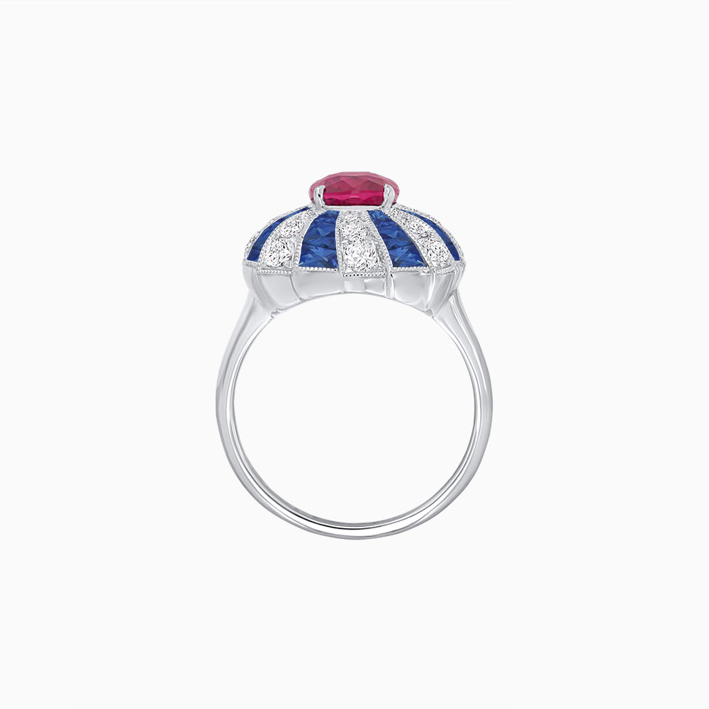 Art Deco Inspired Oval Sunburst Cocktail Ring with Calibré-Cut Gemstones