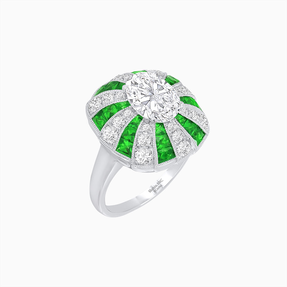 Art Deco Inspired Oval Sunburst Cocktail Ring with Calibré-Cut Gemstones