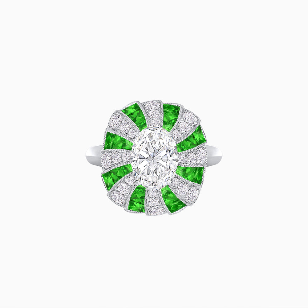 Art Deco Inspired Oval Sunburst Cocktail Ring with Calibré-Cut Gemstones