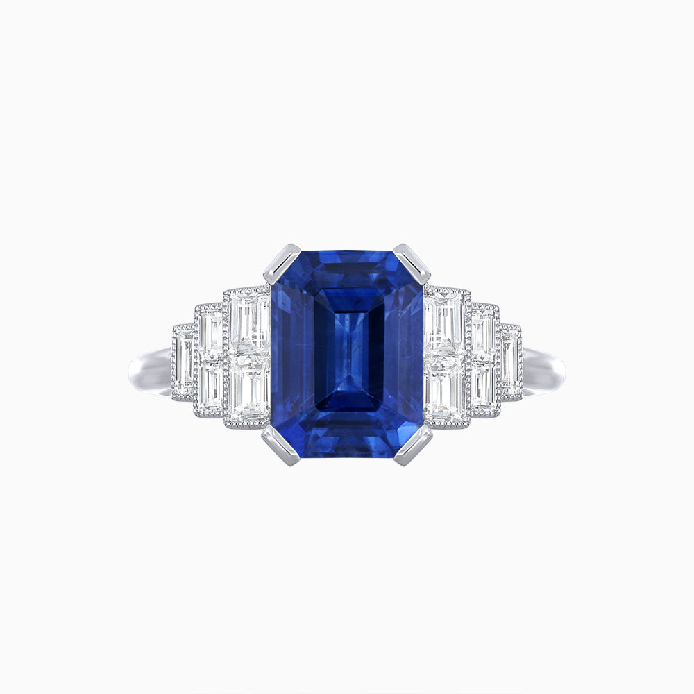 Art Deco Style Emerald Cut Three-Row Baguette Engagement Ring
