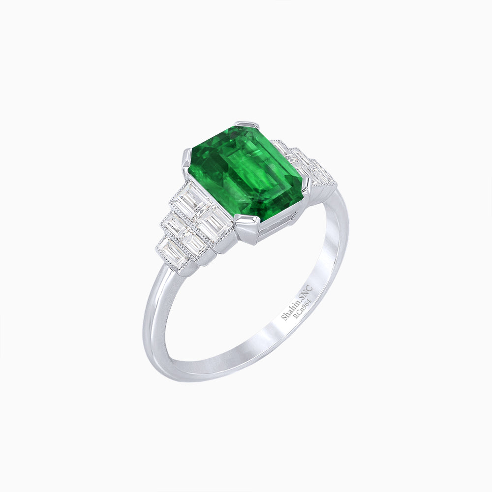 Art Deco Style Emerald Cut Three-Row Baguette Engagement Ring