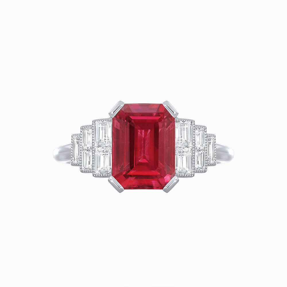 Art Deco Style Emerald Cut Three-Row Baguette Engagement Ring
