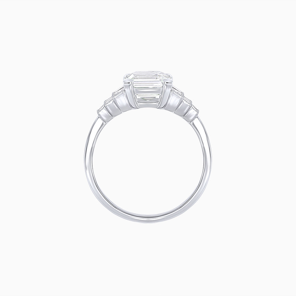 Art Deco Style Emerald Cut Three-Row Baguette Engagement Ring