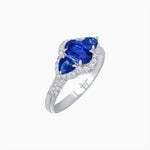 Load image into Gallery viewer, Three-Stone Oval Ring with Pear Shape Side Stones and Diamond Halo