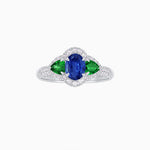 Load image into Gallery viewer, Three-Stone Oval Ring with Pear Shape Side Stones and Diamond Halo