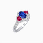 Load image into Gallery viewer, Three-Stone Oval Ring with Pear Shape Side Stones and Diamond Halo