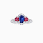 Load image into Gallery viewer, Three-Stone Oval Ring with Pear Shape Side Stones and Diamond Halo