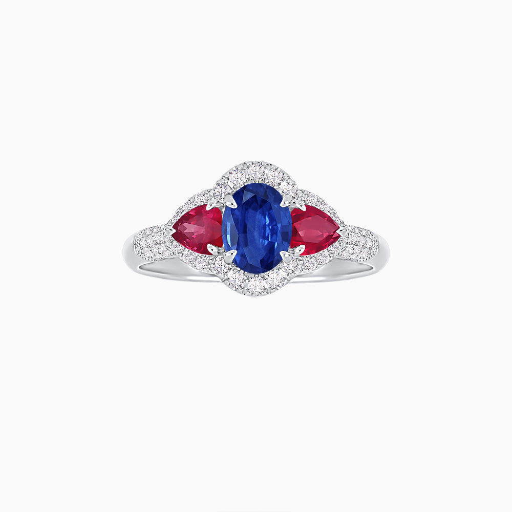 Three-Stone Oval Ring with Pear Shape Side Stones and Diamond Halo