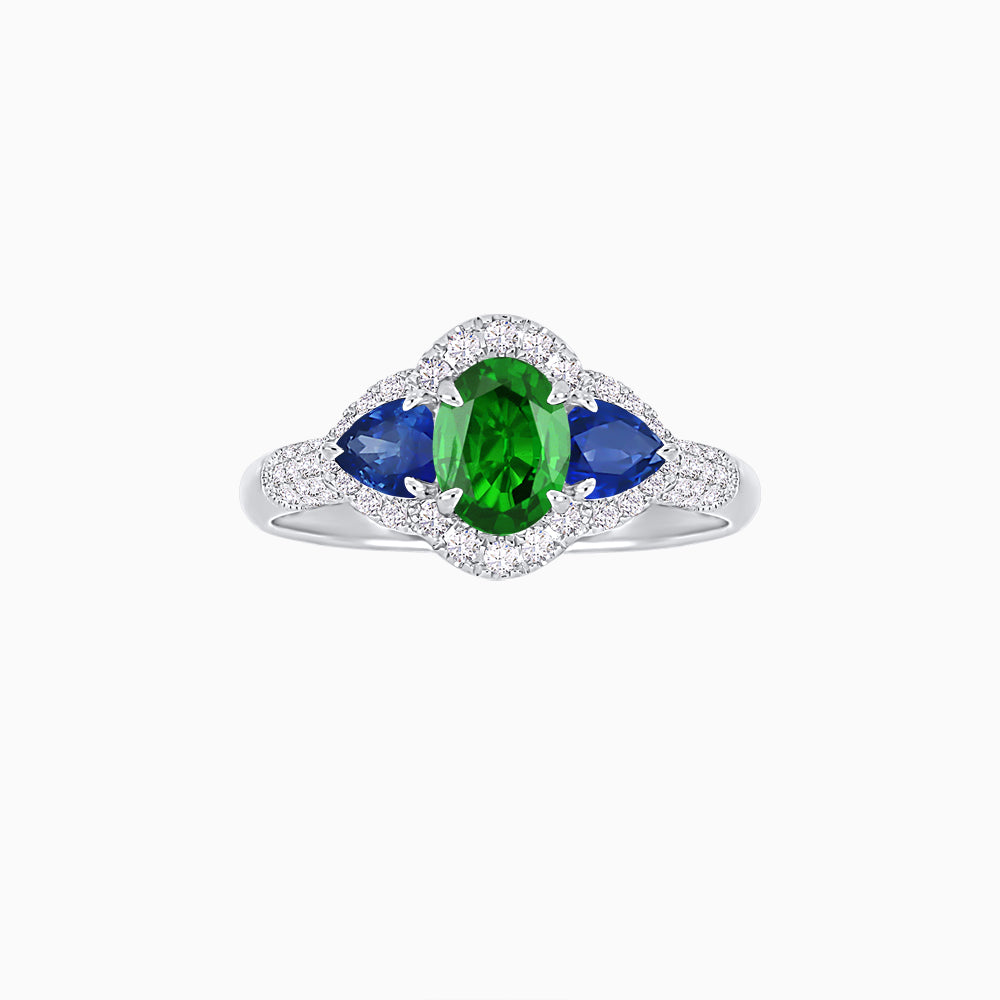 Three-Stone Oval Ring with Pear Shape Side Stones and Diamond Halo