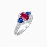 Load image into Gallery viewer, Three-Stone Oval Ring with Pear Shape Side Stones and Diamond Halo