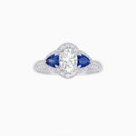 Load image into Gallery viewer, Three-Stone Oval Ring with Pear Shape Side Stones and Diamond Halo