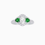 Load image into Gallery viewer, Three-Stone Oval Ring with Pear Shape Side Stones and Diamond Halo