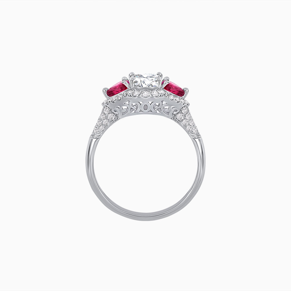 Three-Stone Oval Ring with Pear Shape Side Stones and Diamond Halo