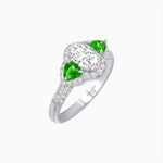 Load image into Gallery viewer, Three-Stone Oval Ring with Pear Shape Side Stones and Diamond Halo