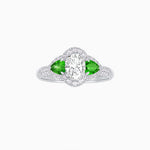 Load image into Gallery viewer, Three-Stone Oval Ring with Pear Shape Side Stones and Diamond Halo