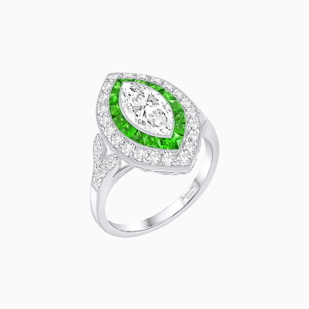 Art Deco Inspired Convertible Marquise Double Halo Ring Pendant