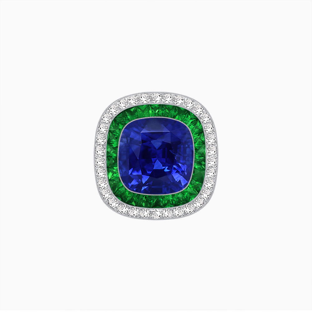 Double Halo Art Deco Style Convertible Ring Pendant with Cushion Cut Center Stone