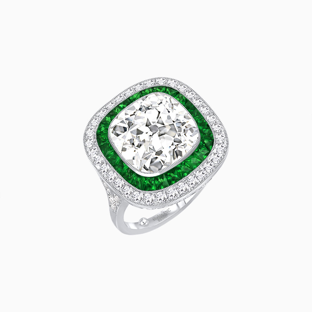 Double Halo Art Deco Style Convertible Ring Pendant with Cushion Cut Center Stone