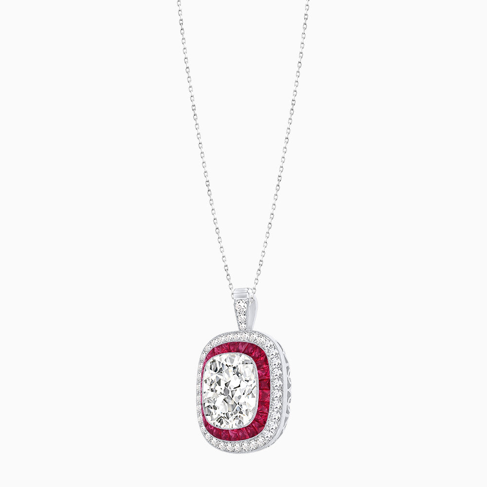Double Halo Art Deco Style Convertible Ring Pendant with Cushion Cut Center Stone