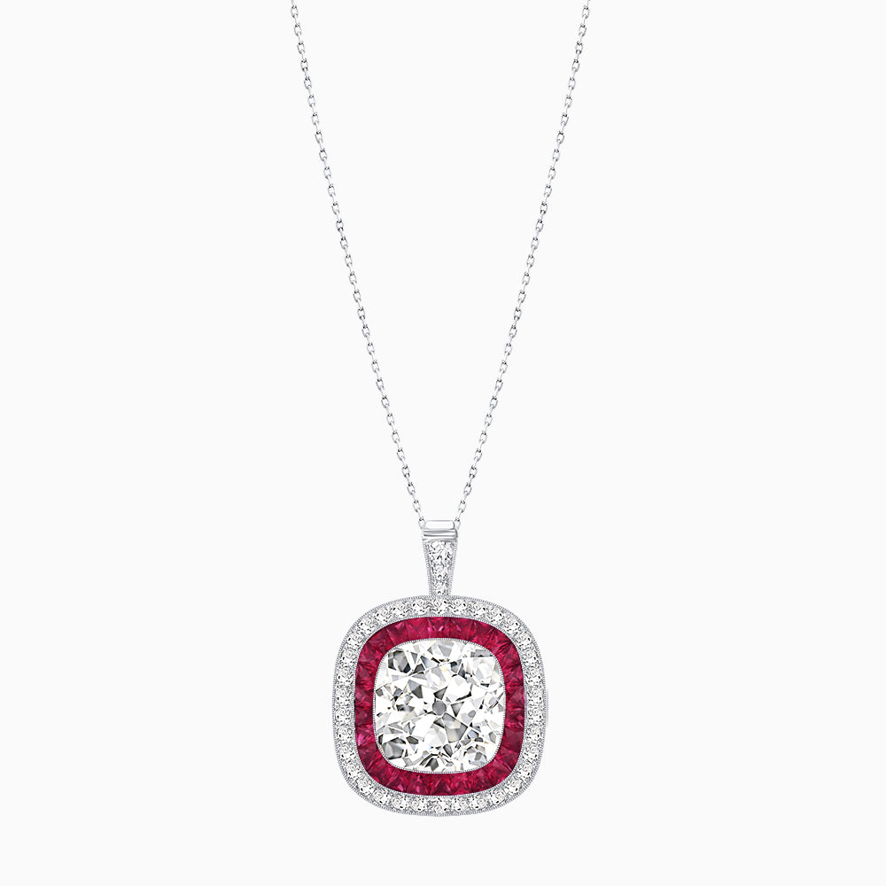 Double Halo Art Deco Style Convertible Ring Pendant with Cushion Cut Center Stone
