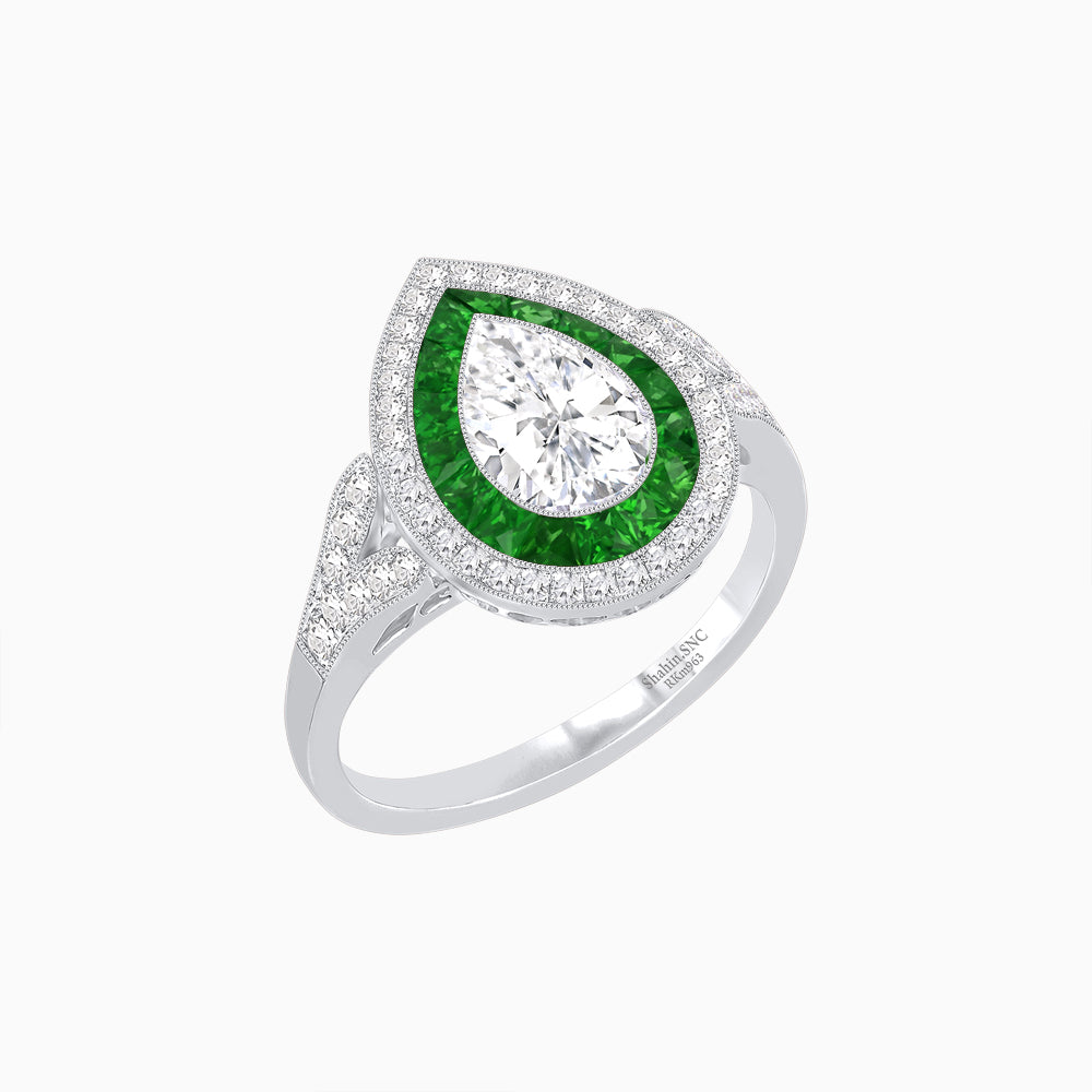 Art Deco Inspired Convertible Pear Double Halo Ring Pendant