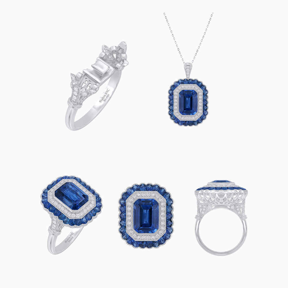 Art Deco Inspired Convertible Emerald Cut Double Halo Ring Pendant