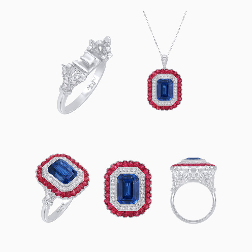 Art Deco Inspired Convertible Emerald Cut Double Halo Ring Pendant