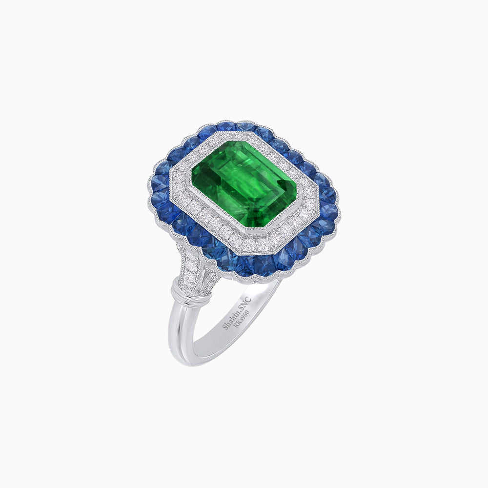 Art Deco Inspired Convertible Emerald Cut Double Halo Ring Pendant