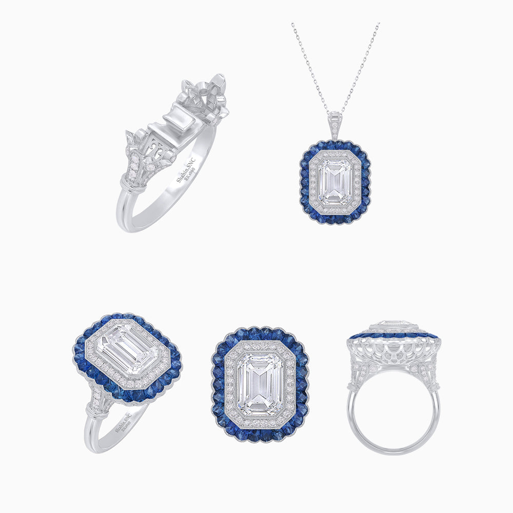 Art Deco Inspired Convertible Emerald Cut Double Halo Ring Pendant