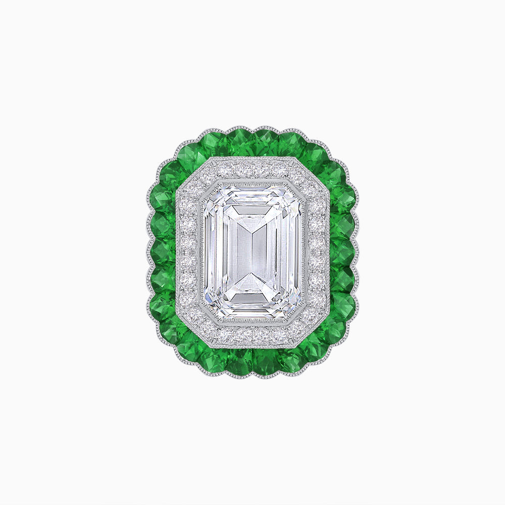 Art Deco Inspired Convertible Emerald Cut Double Halo Ring Pendant