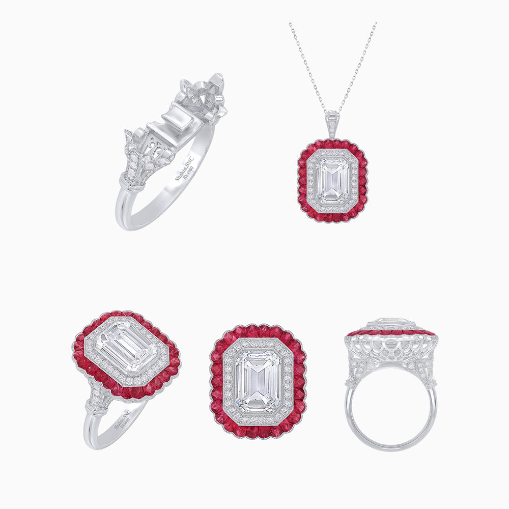 Art Deco Inspired Convertible Emerald Cut Double Halo Ring Pendant