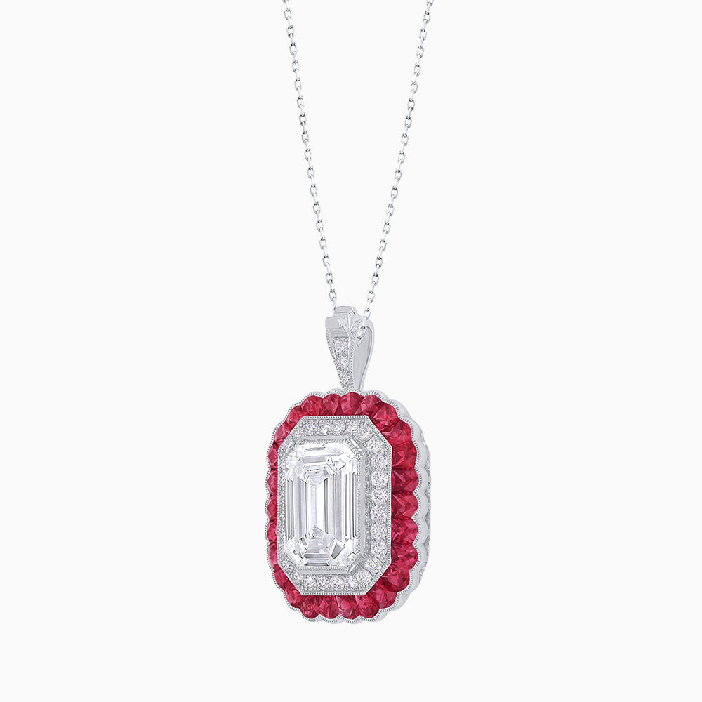 Art Deco Inspired Convertible Emerald Cut Double Halo Ring Pendant