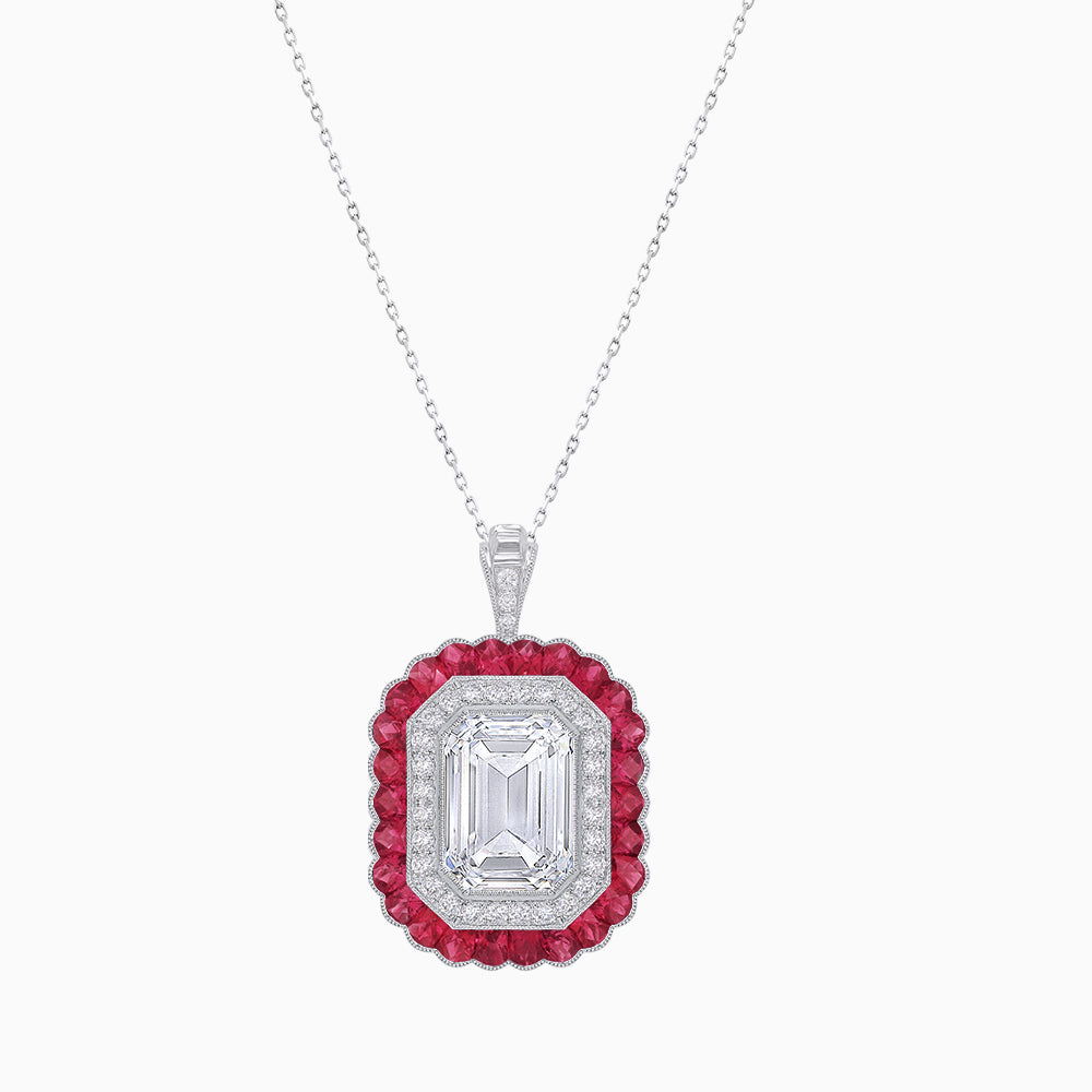 Art Deco Inspired Convertible Emerald Cut Double Halo Ring Pendant