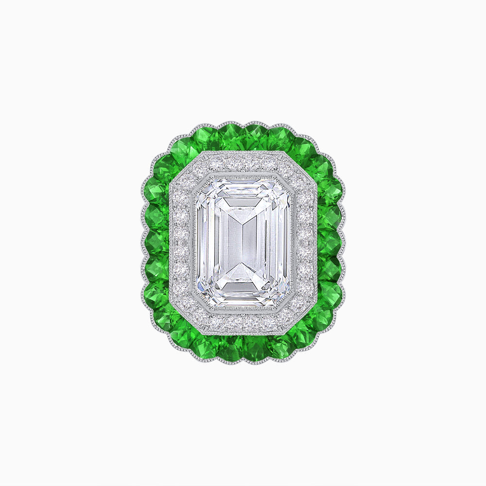 Art Deco Inspired Convertible Emerald Cut Double Halo Ring Pendant