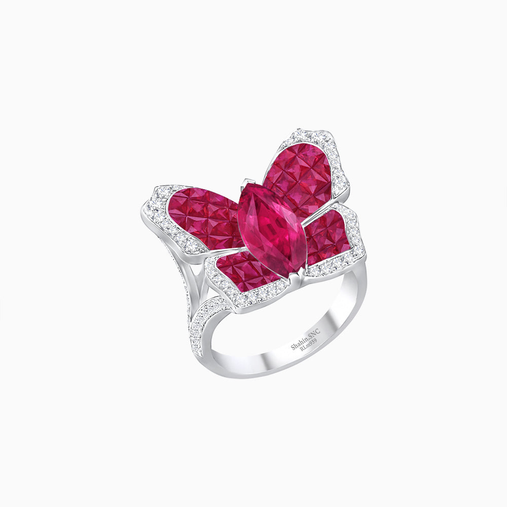 Butterfly Inspired Marquise Cocktail Ring with Invisible-Set Calibré-Cut Gemstones