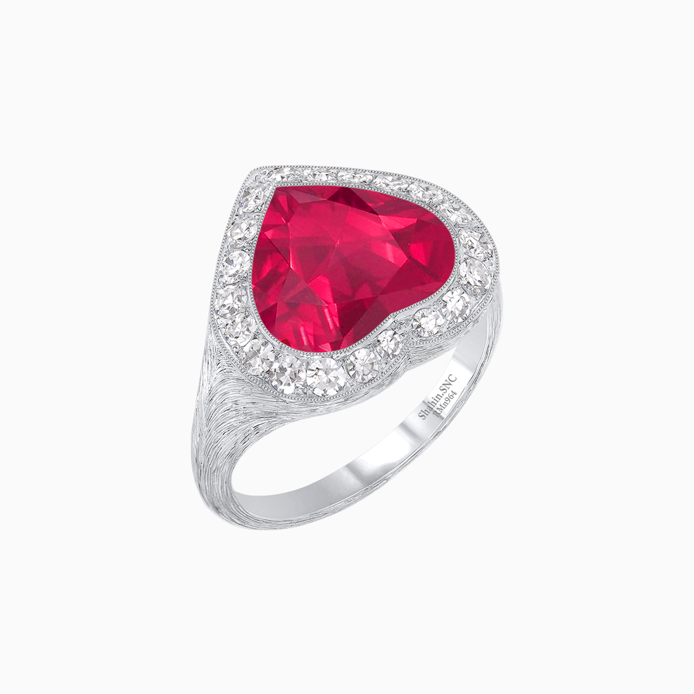 Vintage Inspired Heart Halo Ring with Textured Shank
