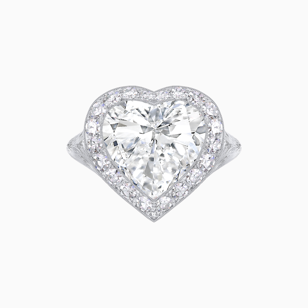 Vintage Inspired Heart Halo Ring with Textured Shank